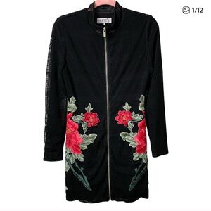 House of CB London Dress Womens Size Large Black Red Mini Floral Full Zip Mesh